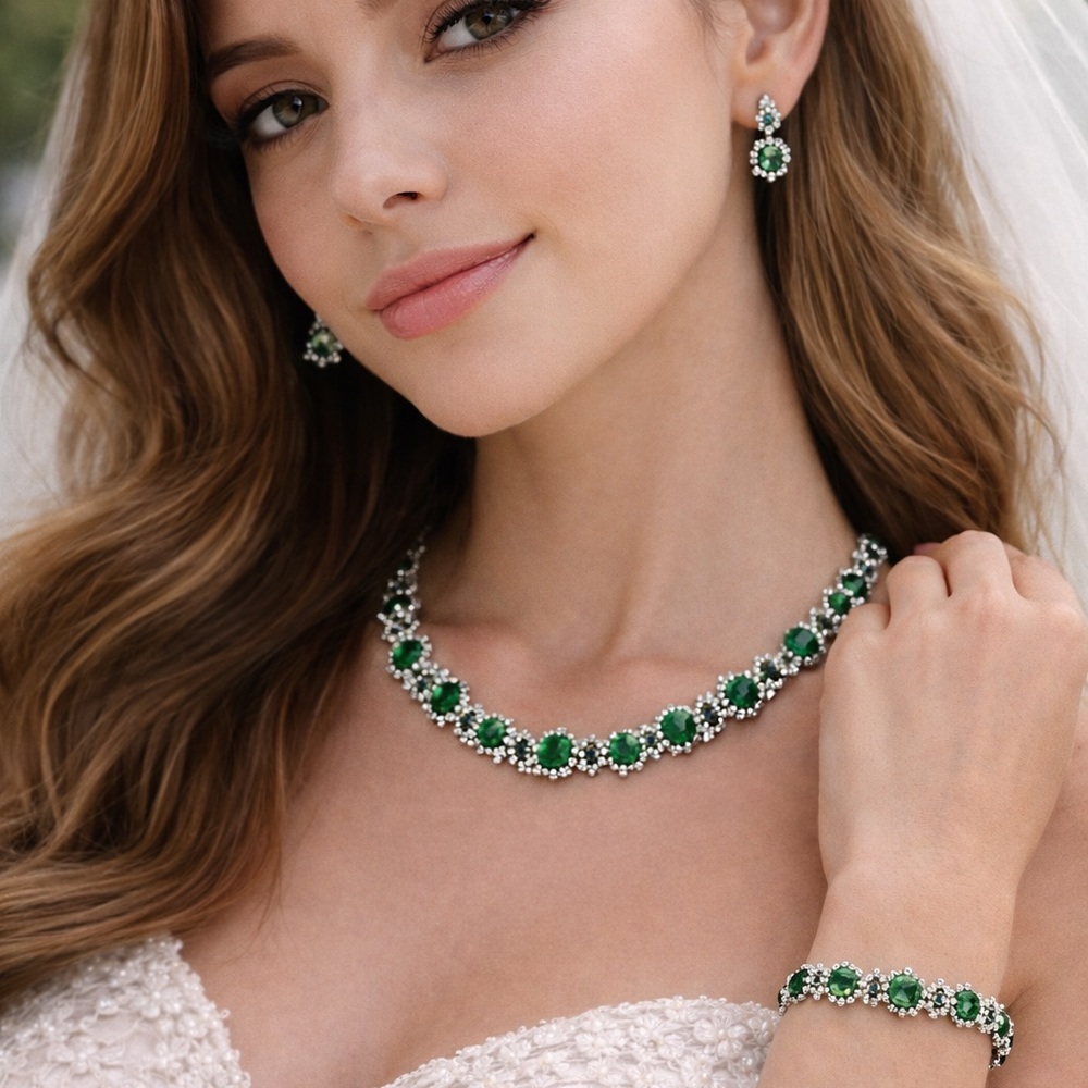 Handmade Green Crystal Jewelry Set – Necklace, Bracelet & Earrings | New